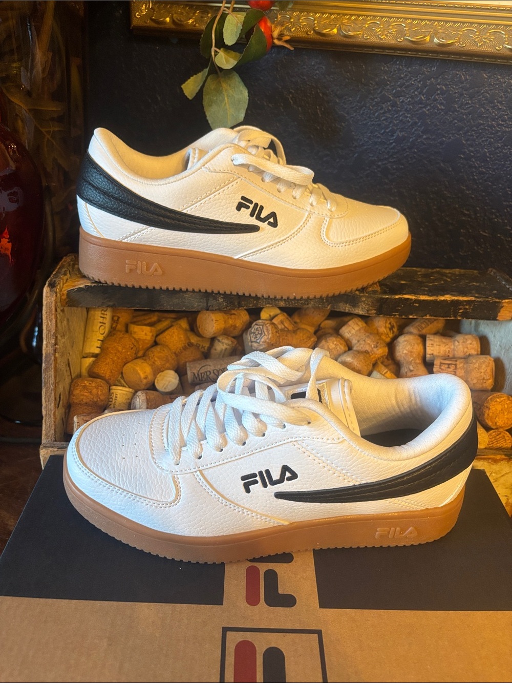 FILA White Leather Low-Top Sneakers with Black Accents and Gum Sole